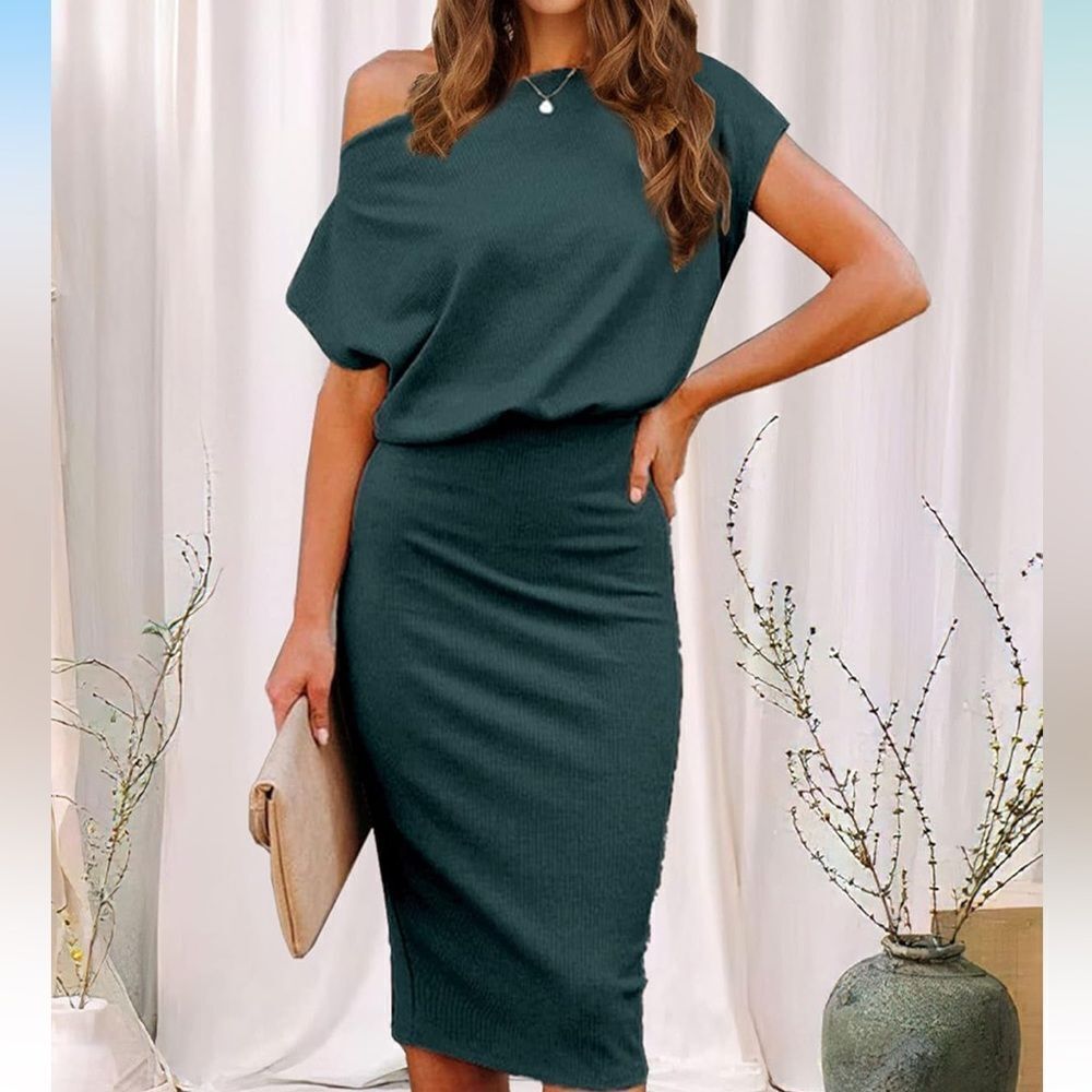 ✨ Off-the-Shoulder Short Sleeve Midi Bodycon Dress - Green, Size Small, NWOT